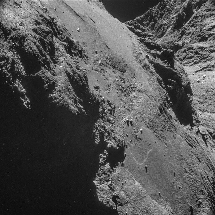 Parallel furrowed terrain near the neck of 67P