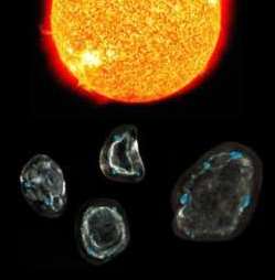 The surfaces of tiny interplanetary dust particles are space-weathered by the solar wind, causing amorphous rims to form on their surfaces. Hydrogen ions in the solar wind react with oxygen in the rims to form tiny water-filled vesicles (blue). This mechanism of water formation almost certainly occurs in other planetary systems with potential implications for the origin of life throughout the galaxy. Credit: John Bradley, UH SOEST/ LLNL